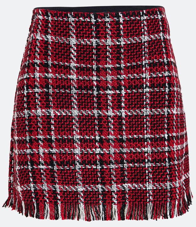 Pollera Corta en Tweed de Cuadros con Flequillo en la Barra Rojo 5