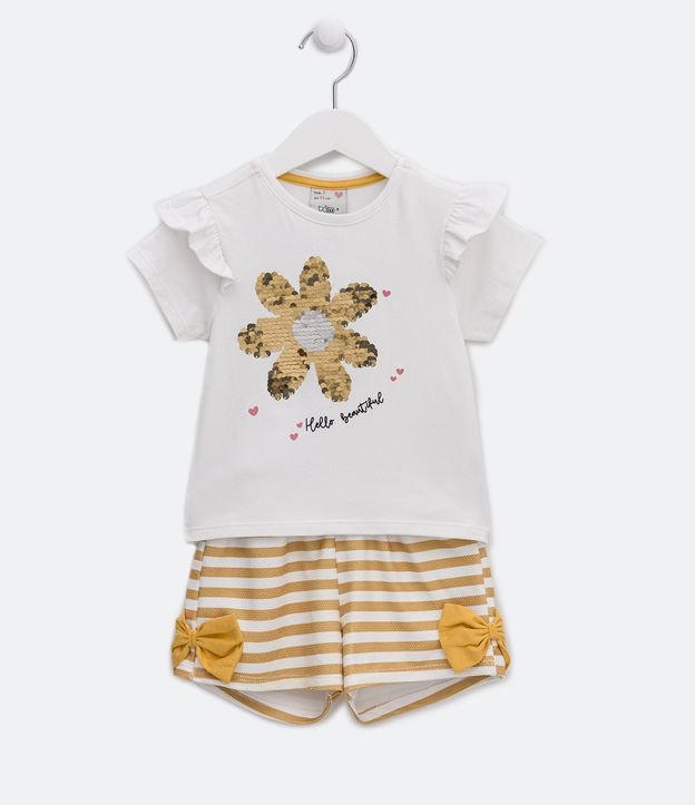 Conjunto Infantil com Listras e Flor de Paetê - Tam 1 a 5 Anos