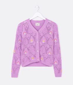 Cardigan Infantil em Tricô com Bordados de Flores - Tam 5 a 14 anos