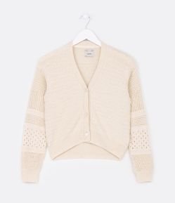 Cardigan Infantil em Tricô com Pontos Diferenciados e Botões de Florzinhas - Tam 5 a 14 Anos