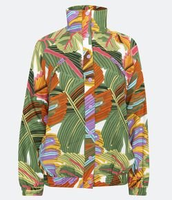 Jaqueta em Linho com Gola Alta e Estampa Folhagens Coloridas