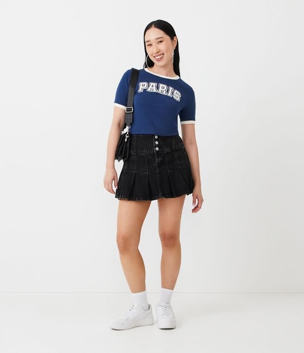 Blusa Cropped en Algodón con Manga Corta y Lettering Paris Azul 3