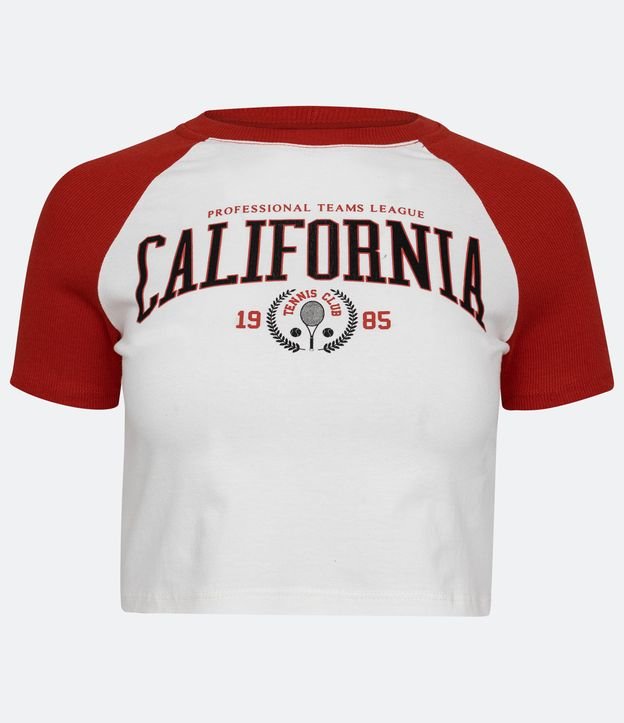 Camiseta Cropped em Meia Malha com Estampa Califórnia Vermelho/Off White 5