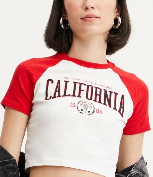 Camiseta Cropped em Meia Malha com Estampa Califórnia Vermelho/Off White 4