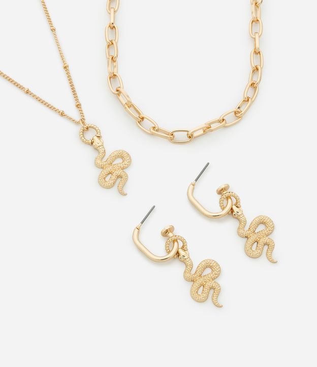 Conjunto Brinco e Colar em Metal com Pingente de Cobra