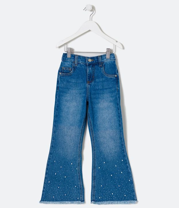 Calça Flare Infantil Jeans com Brilhos na Barra - Tam 5 a 14 Anos Azul 1