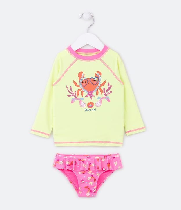 Conjunto de Praia Infantil Estampa Bichinhos do Mar - Tam 1 a 4 Anos Amarelo/Rosa 2
