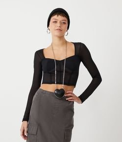 Blusa Cropped Corset em Tule com Busto Destcado e Manga Longa
