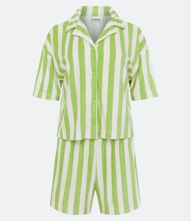 Pijama Americano Curto em Viscose Atoalhada com Abotoamento e Lapela Verde/ Branco 5