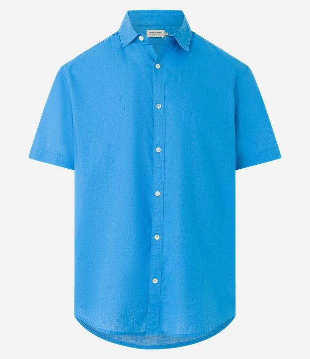 Camisa Comfort Básica em Linho com Manga Curta Azul Médio 6
