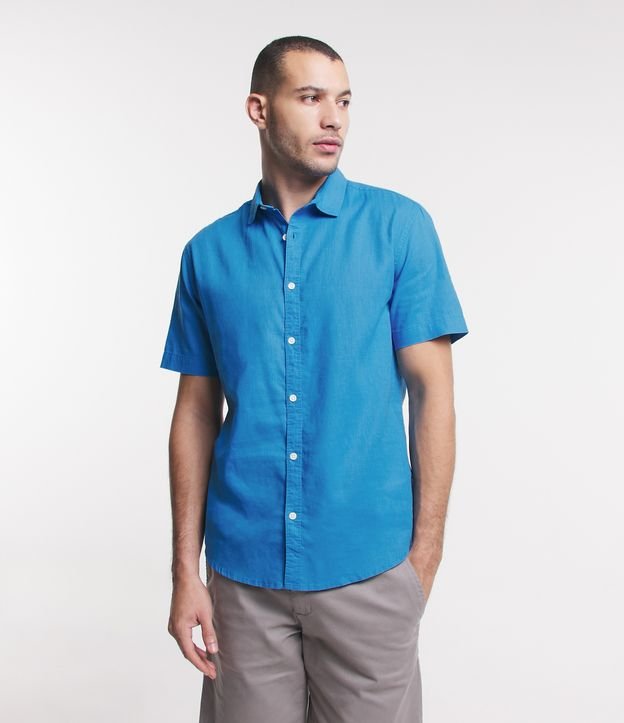 Camisa Comfort Básica em Linho com Manga Curta Azul Médio 1