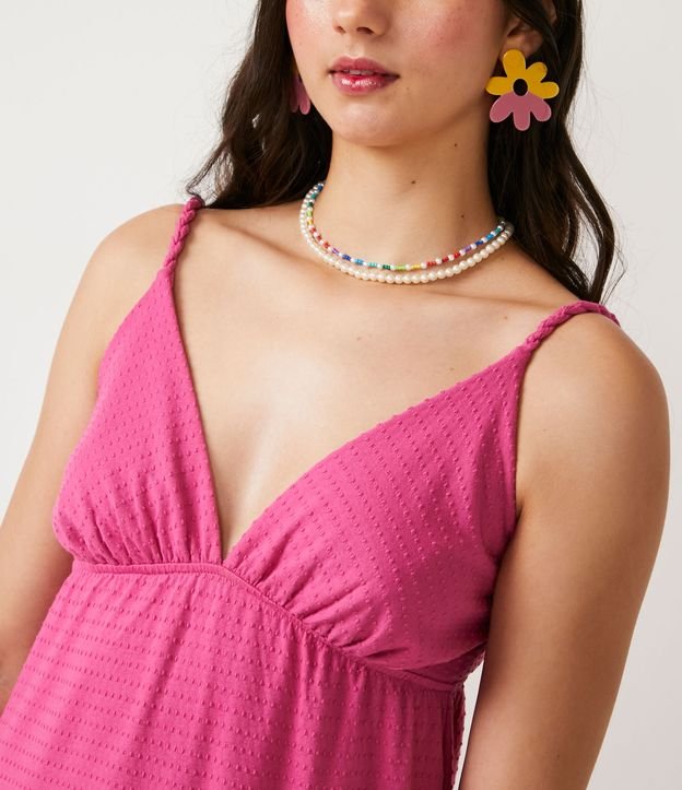 Vestido New Midi de Tirantes en Viscosa Texturizada y Barra Fruncida Rosado 4