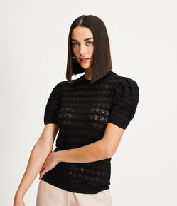 Blusa em Tricô com Mangas Bufantes e Pontos de Corações