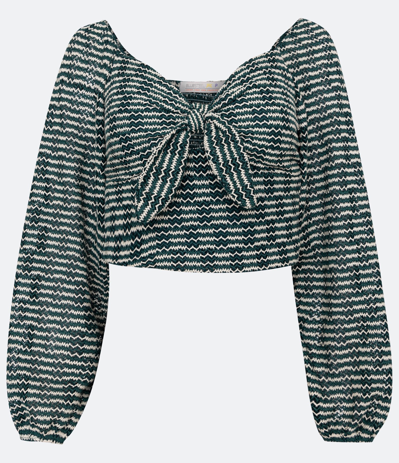 Blusa Cropped em Tricô Listrado com Manga Bufante Verde 1