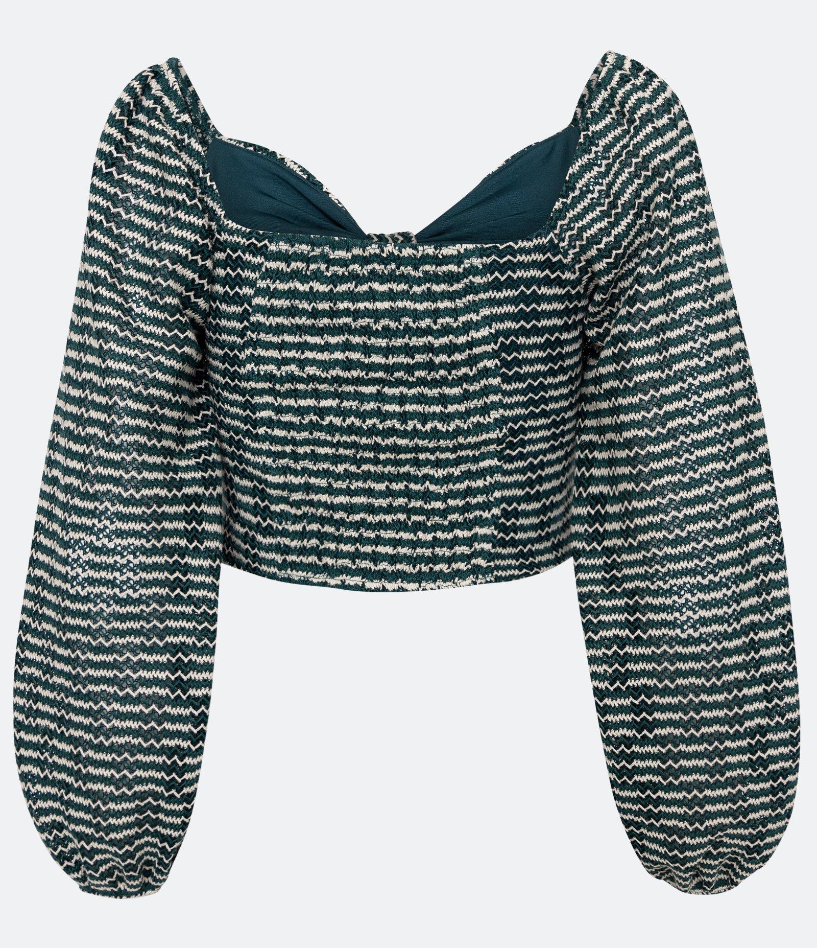 Blusa Cropped em Tricô Listrado com Manga Bufante Verde 2