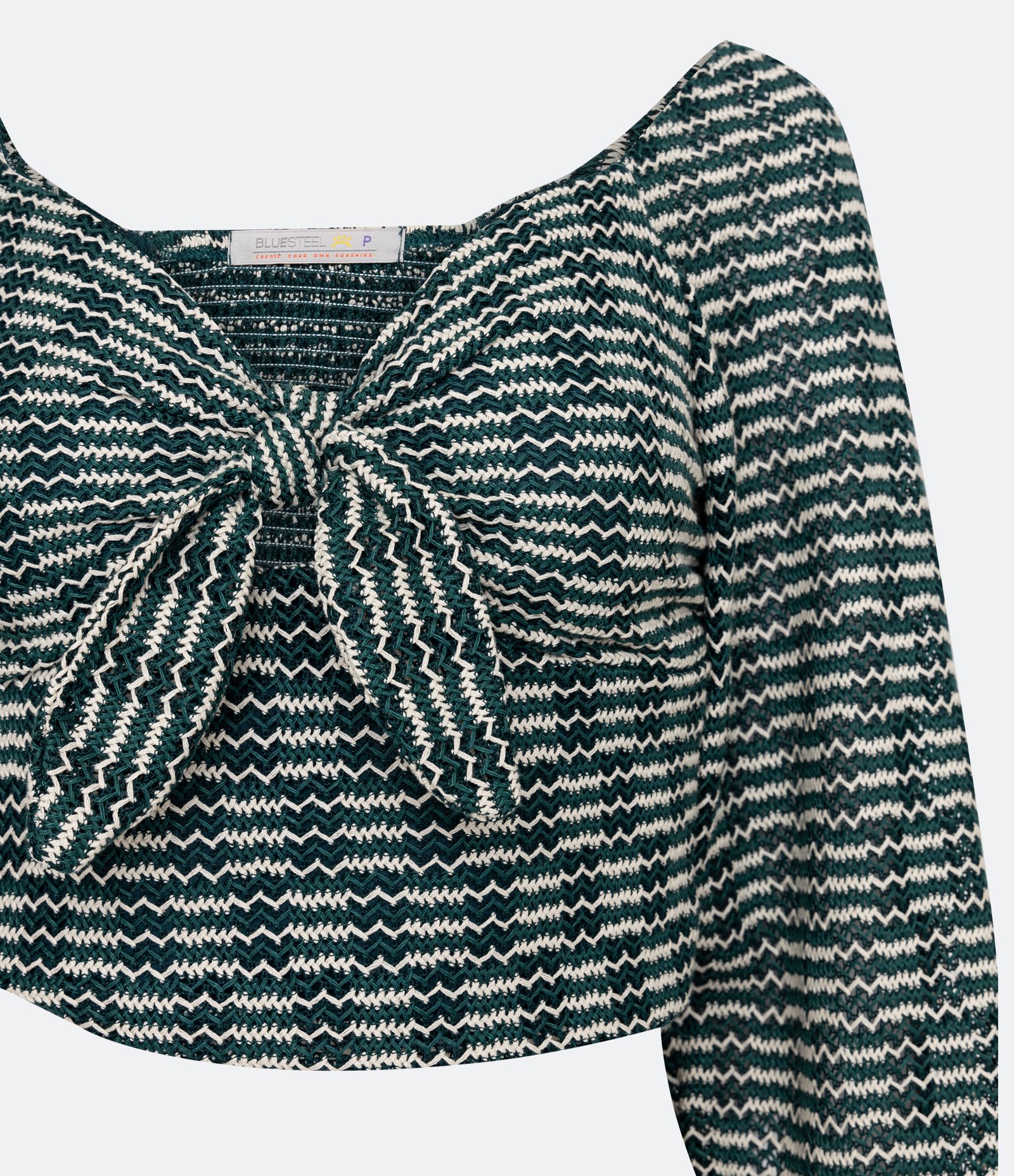 Blusa Cropped em Tricô Listrado com Manga Bufante Verde 3