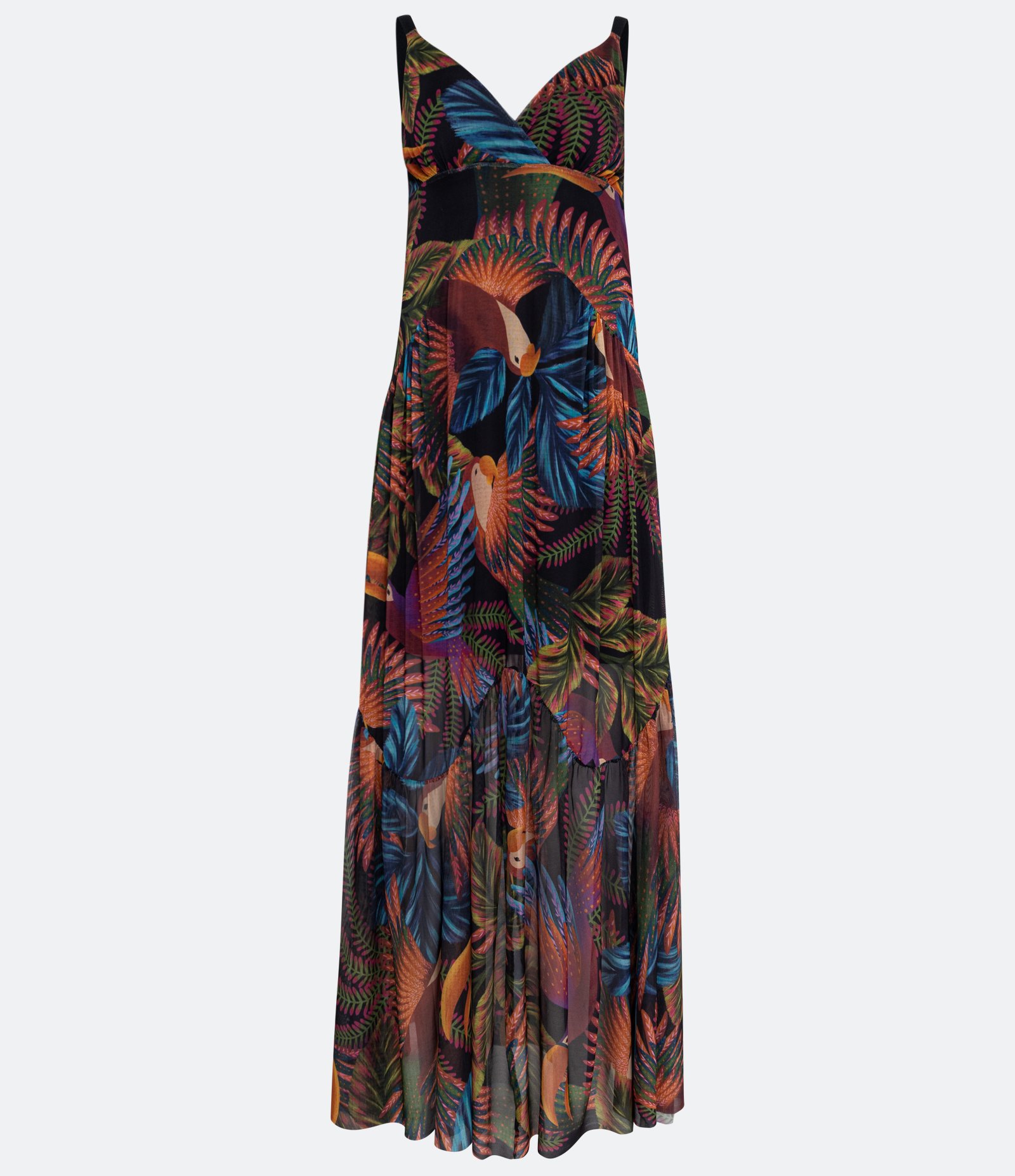 Vestido New Midi de Alça em Tule com Estampa Pássaros e Folhas Multicores 6