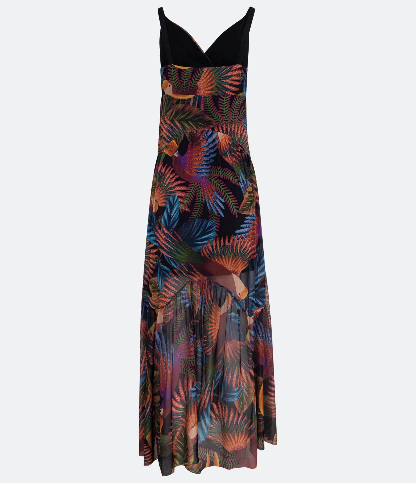 Vestido New Midi de Alça em Tule com Estampa Pássaros e Folhas Multicores 7