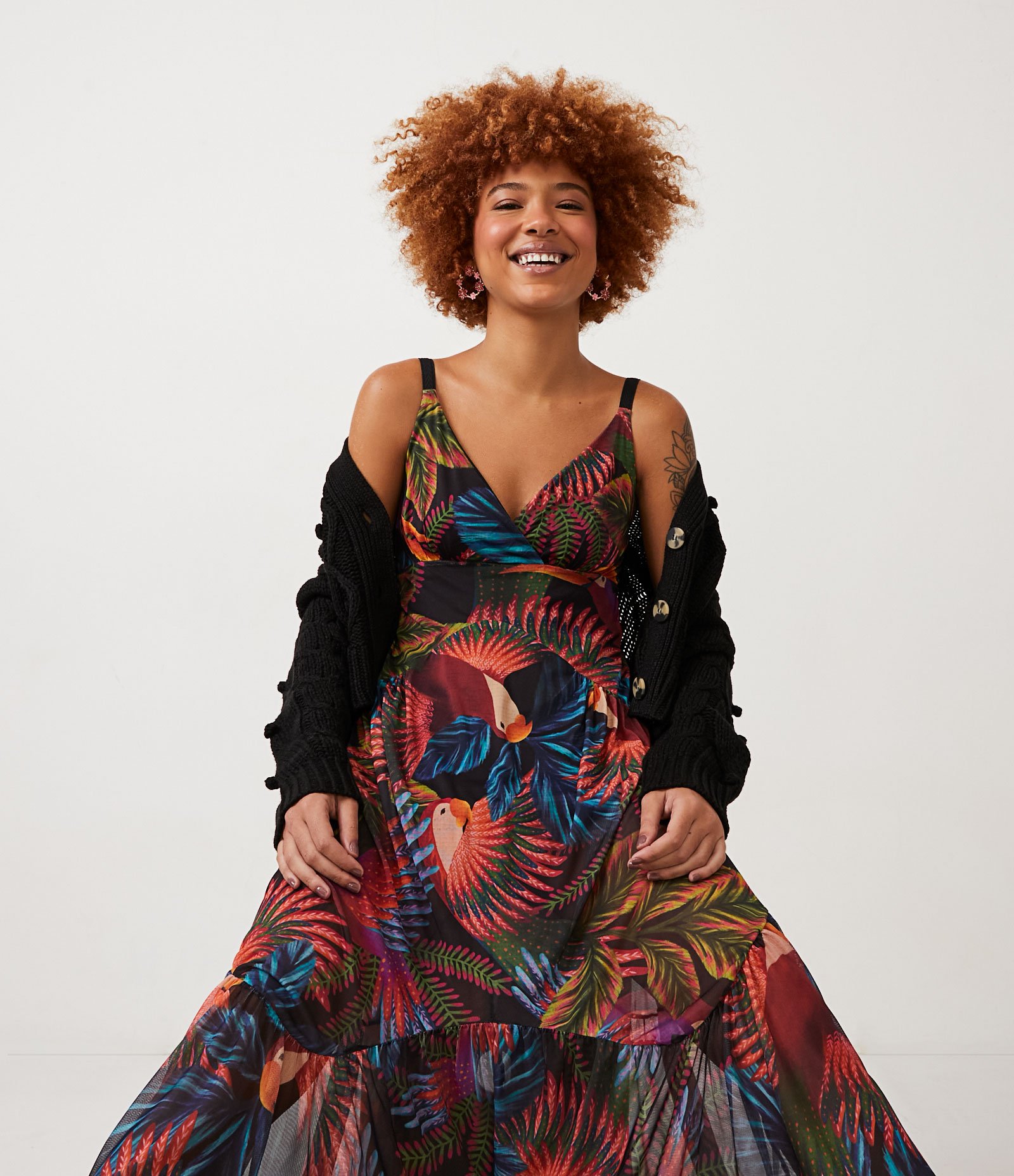 Vestido New Midi de Alça em Tule com Estampa Pássaros e Folhas Multicores 1