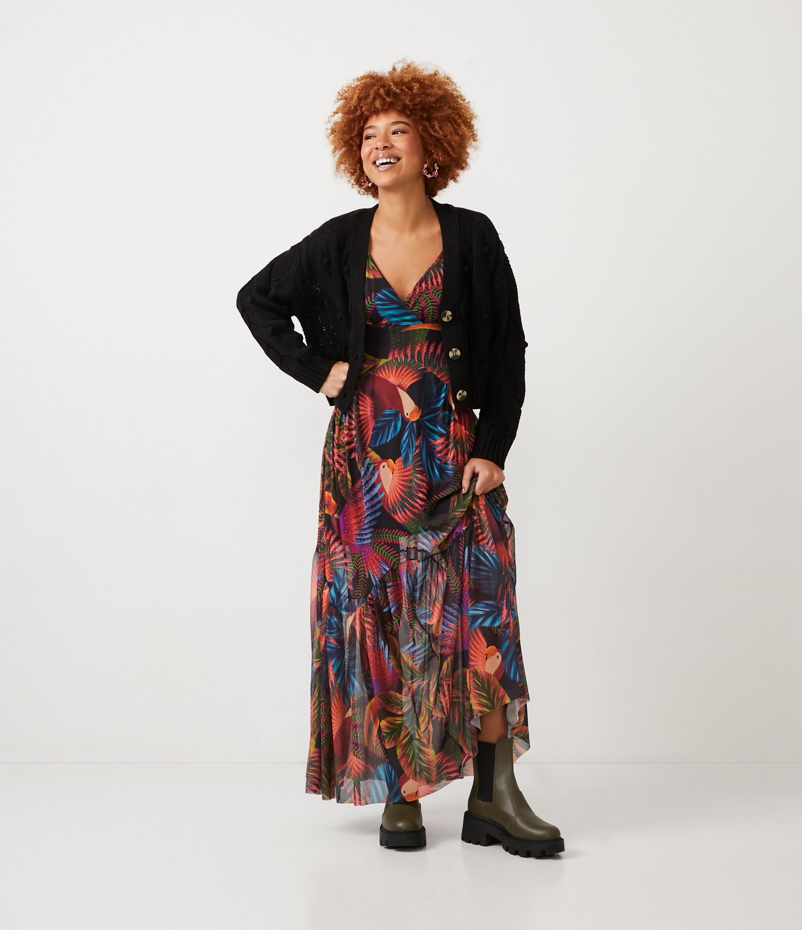 Vestido New Midi de Alça em Tule com Estampa Pássaros e Folhas Multicores 2