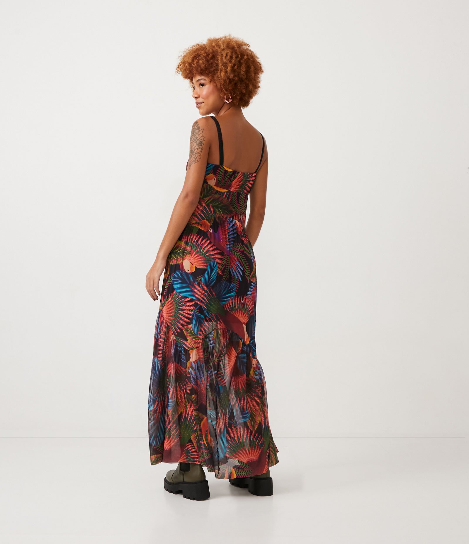 Vestido New Midi de Alça em Tule com Estampa Pássaros e Folhas Multicores 3