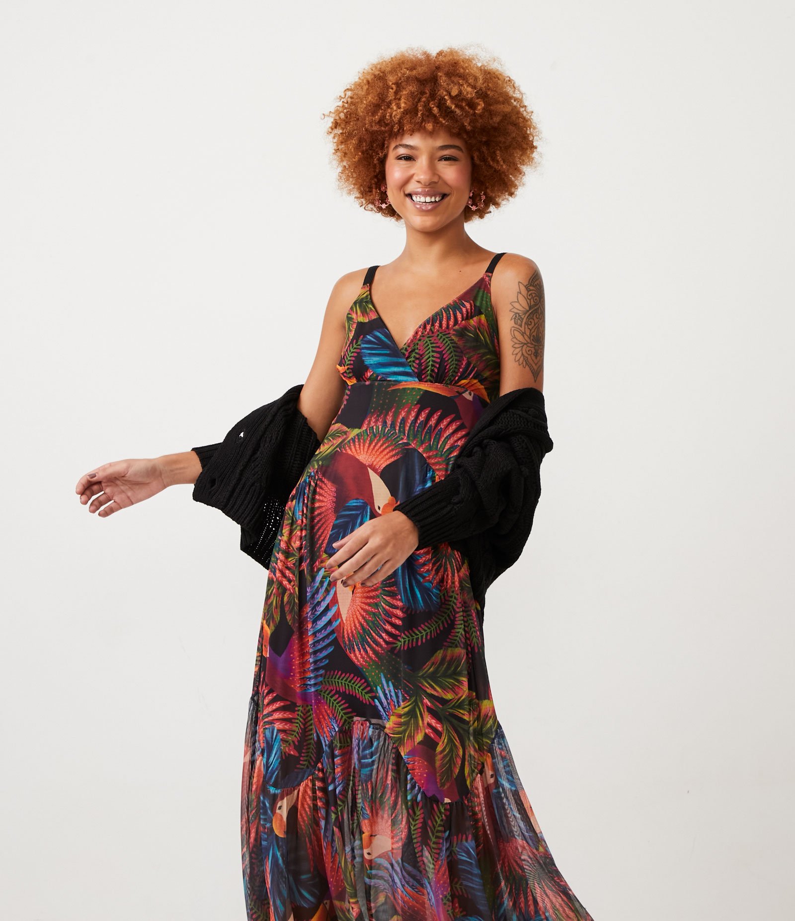 Vestido New Midi de Alça em Tule com Estampa Pássaros e Folhas Multicores 4