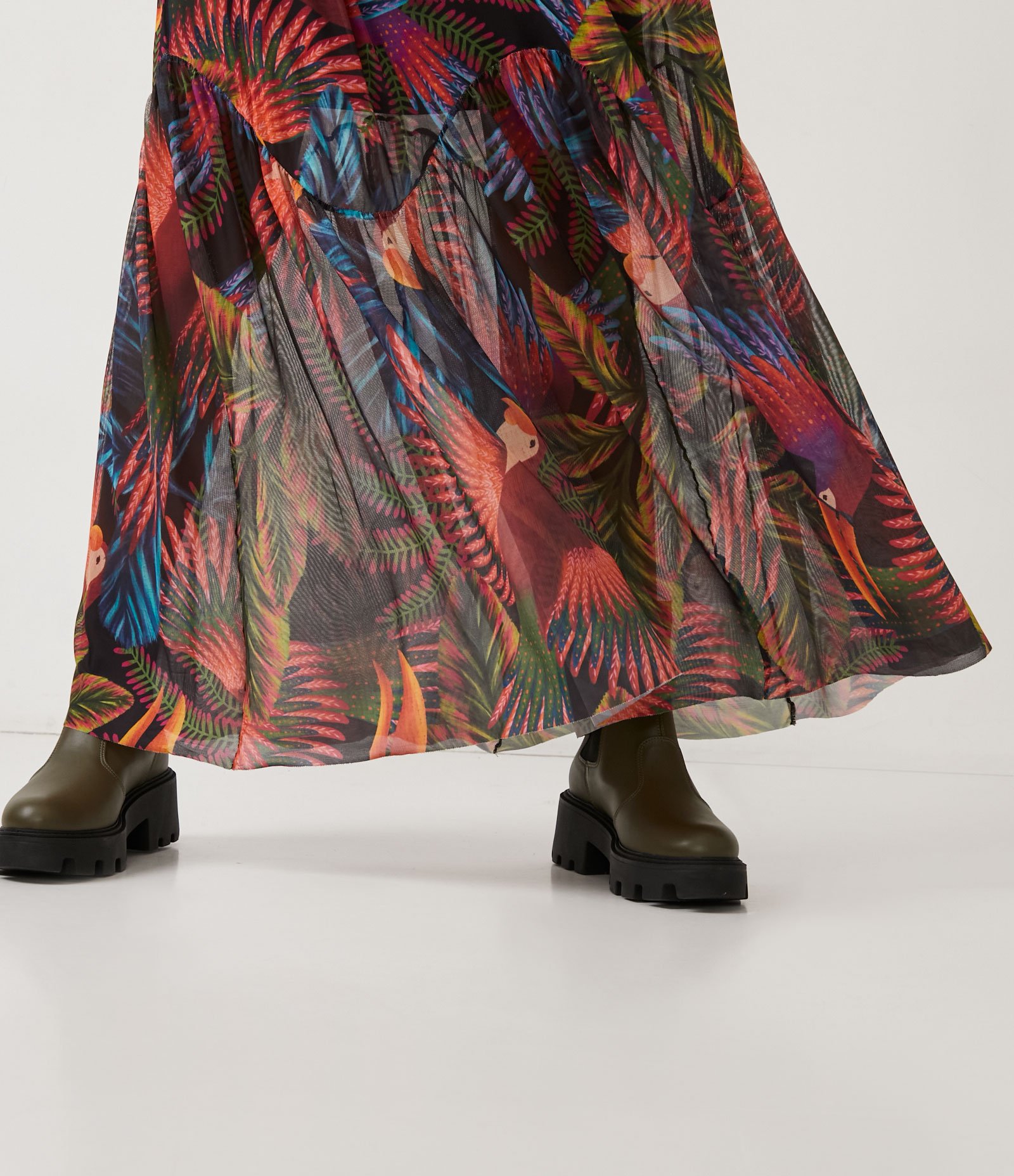 Vestido New Midi de Alça em Tule com Estampa Pássaros e Folhas Multicores 5