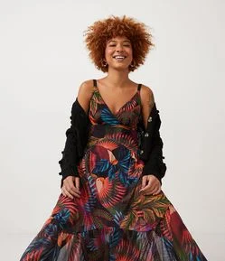 Vestido New Midi de Alça em Tule com Estampa Pássaros e Folhas