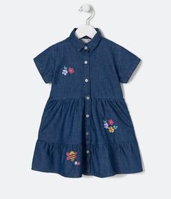 Vestido Infantil Jeans com Bordado de Florzinhas e Abelha - Tam 1 a 5 Anos