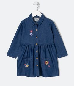 Vestido Infantil Jeans com Botões e Bordado de Florzinhas e Abelhas - Tam 1 a 5 Anos
