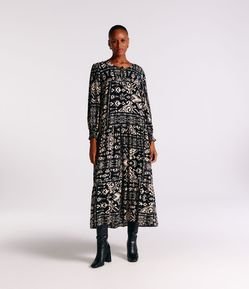 Vestido New Midi em Viscolinho com Estampa Étnica