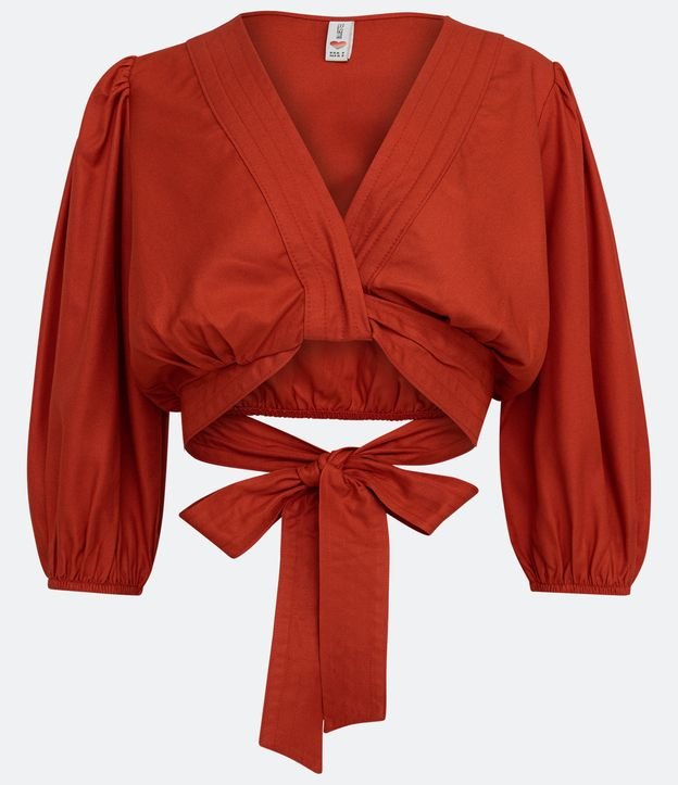 Blusa Cropped en Viscosa con Manga 3/4 Abullonada y Lazo Rojo 5