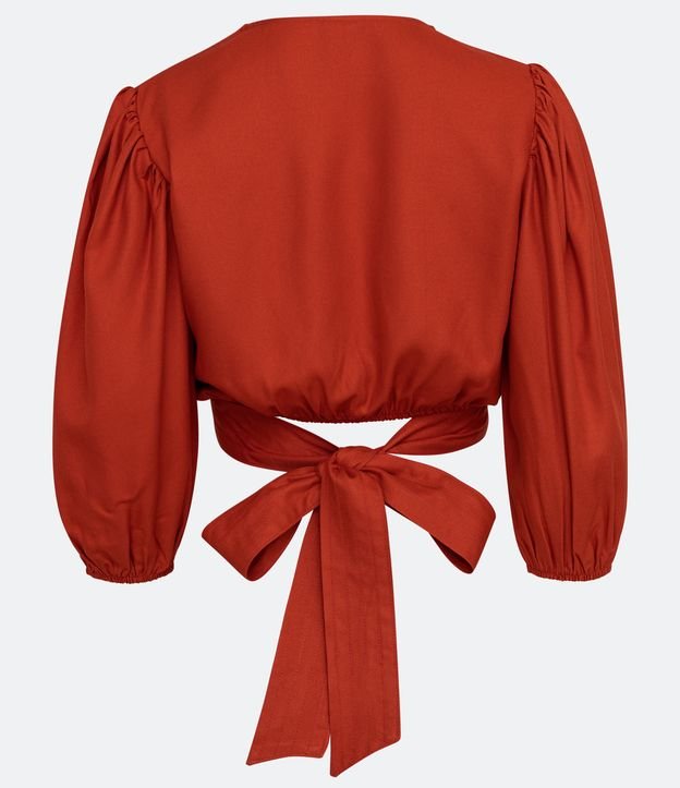 Blusa Cropped en Viscosa con Manga 3/4 Abullonada y Lazo Rojo 6