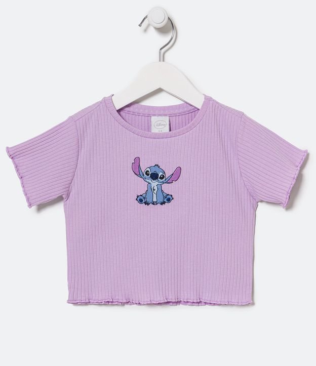 Blusa Cropped Canelada Infantil com Bordado do Stitch - Tam 5 a 14 Anos - Cor: Lilás - Tamanho: 7-8