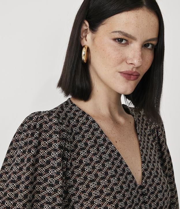 Blusa en Jersey con Manga Abullonada y Estampado Abstracto Negro 5