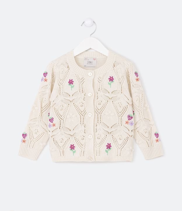 Cardigan Infantil em Lã com Furinhos e Flores Bordadas - Tam 1 a 5 Anos