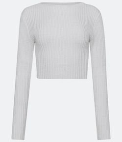 Blusa Cropped em Chenille Canelado com Manga Longa