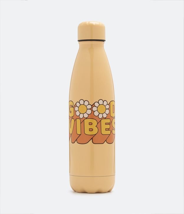 Botella en Metal Mate con Estampado de Flor y Good Vibes 750ml Naranja 1
