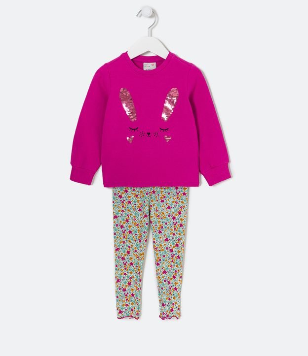 Conjunto Infantil Estampa Carinha de Coelho com Paêtes - Tam 1 a 5 Anos