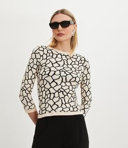 Blusa em Tricô com Manga 3/4 e Estampa Animal Print