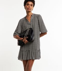 Vestido Curto em Viscose com Manga  3/4 e Estampa Xadrez Pied-de-Poule