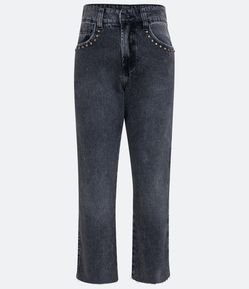 Calça Reta Cintura Alta em Jeans com Bolsos com Tachas