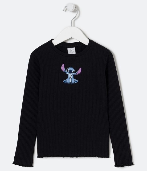 Blusa Cropped Infantil Acanalada con Bordado Stitch - Talle 5 a 14 años Negro 1