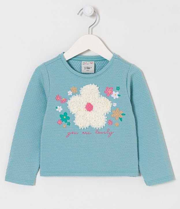 Blusa Infantil en Cotton con Bordado de Flor en Organza - Talle 1 a 5 años Azul 1