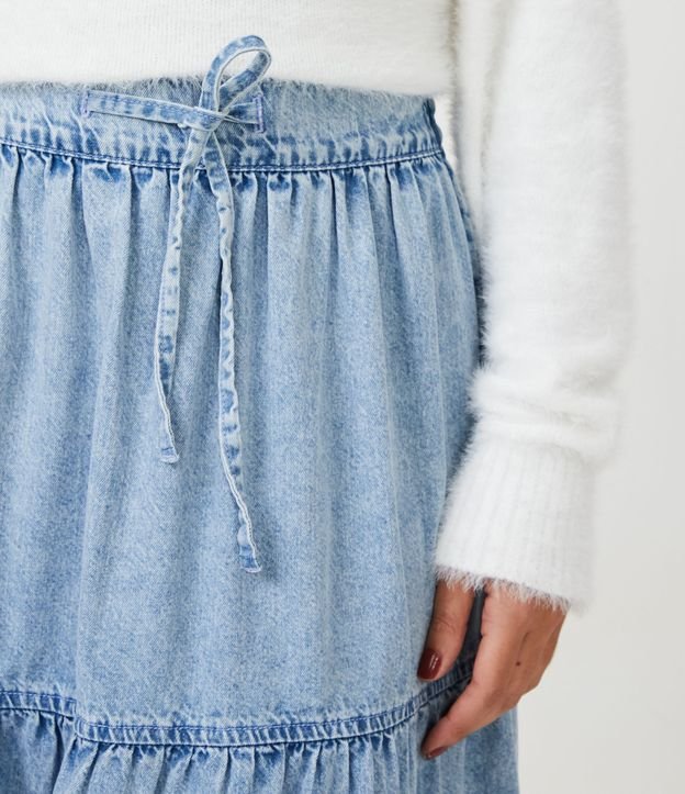 Saia Midi em Jeans com Babados e Amarração Frontal Azul 4