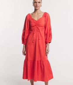 Vestido Midi em Algodão com Babados e Manga 3/4