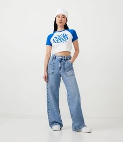 Calça Wide Leg Cintura em Jeans com Bolsos