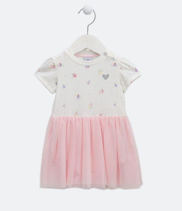 Vestido Body Infantil Estampa de Florzinhas com Saia de Tule - Tam RN a 18 meses