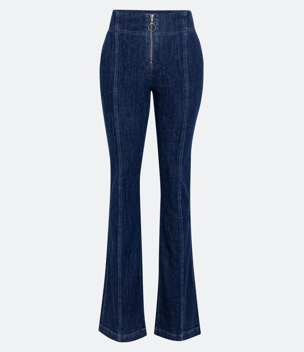 Calça Flare em Jeans com Elastano e Zíper Frontal Azul Escuro 4