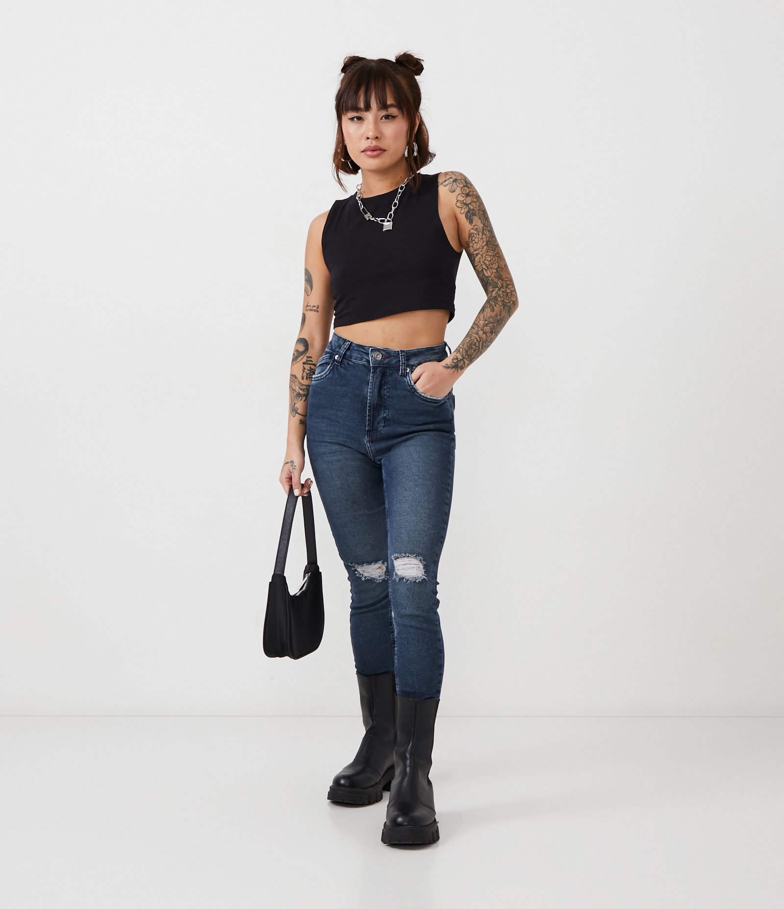 Calça Skinny em Jeans com Rasgos nos Joelhos Azul 1
